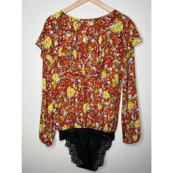 Free People "Say It To Me" Red Orange Yellow Floral Chiffon Bodysuit-Small - Picture 4 of 7